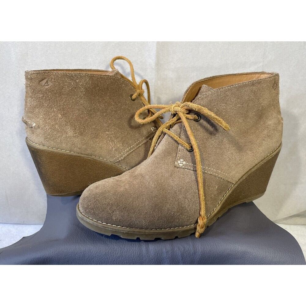 Sperry Top Sider Womens Tan Suede Ankle Boots Size 8.5M Wedge Lace Up
